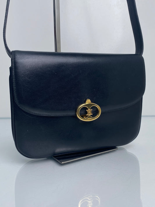 Celine Vintage Black Calfskin Leather Shoulder Bag GHW