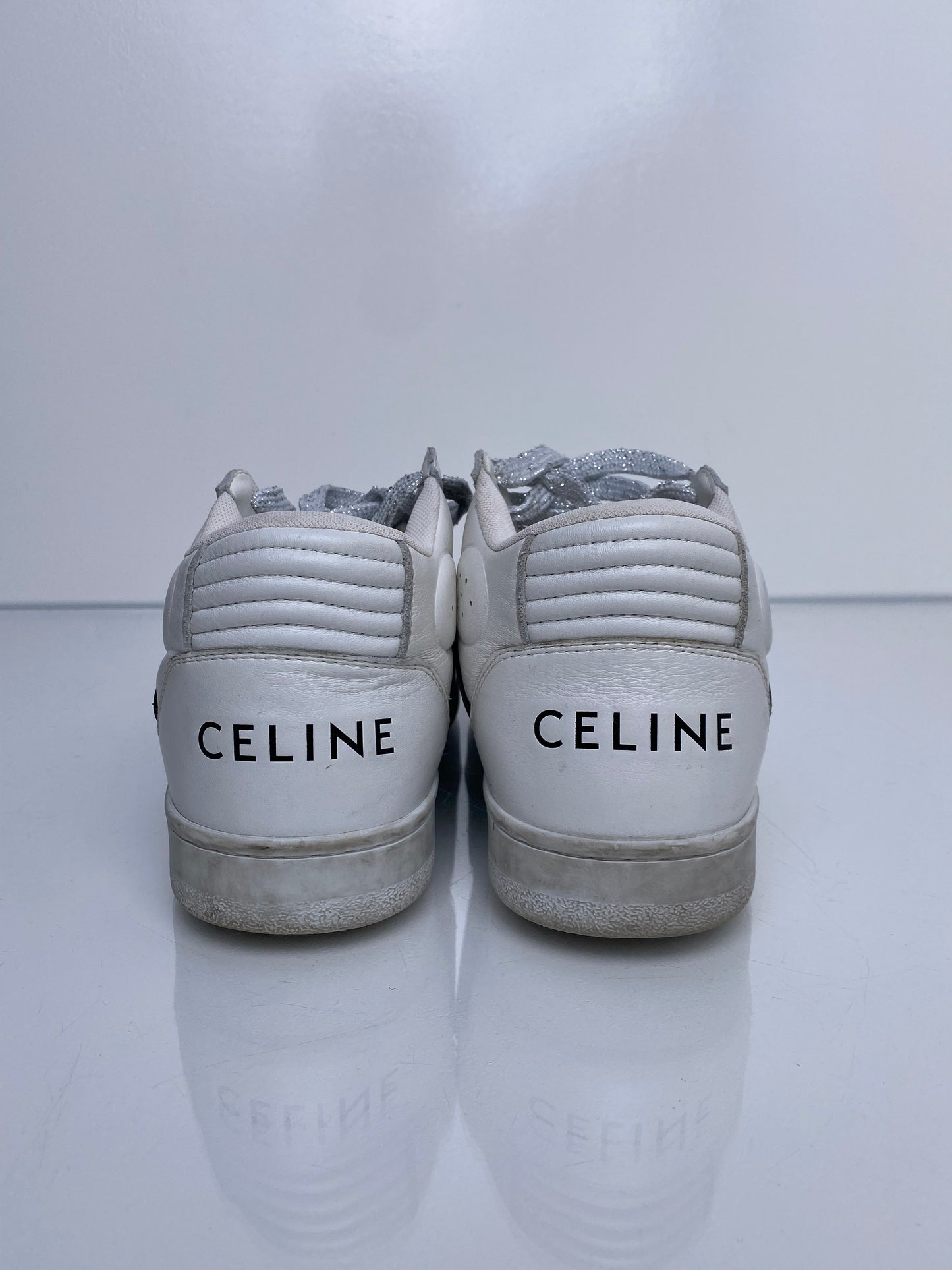 Celine White, Silver, & Black High Top Sneakers, 39
