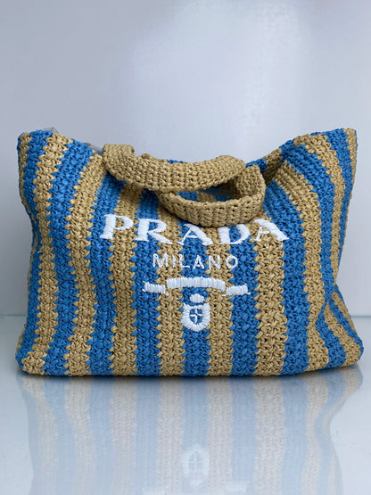 Prada Tan & Blue Striped Raffia Tote Bag SHW