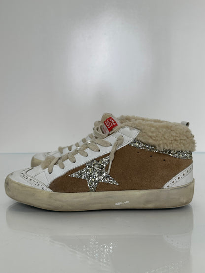 Golden Goose White Leather,  Brown Suede, & Sherpa  High Top Sneakers, 37