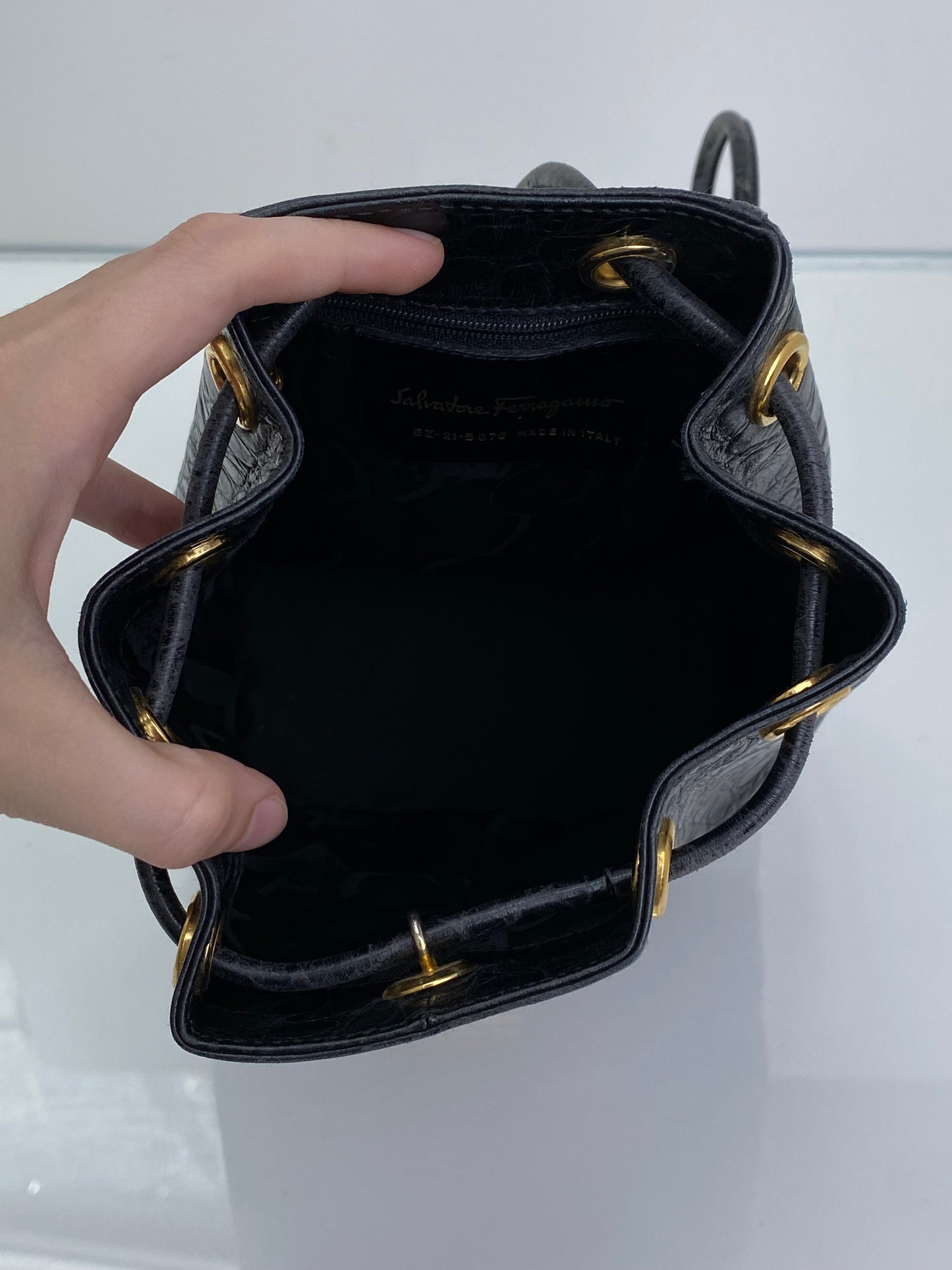 Salvatore Ferragamo Vintage Black Croc Embossed Backpack GHW