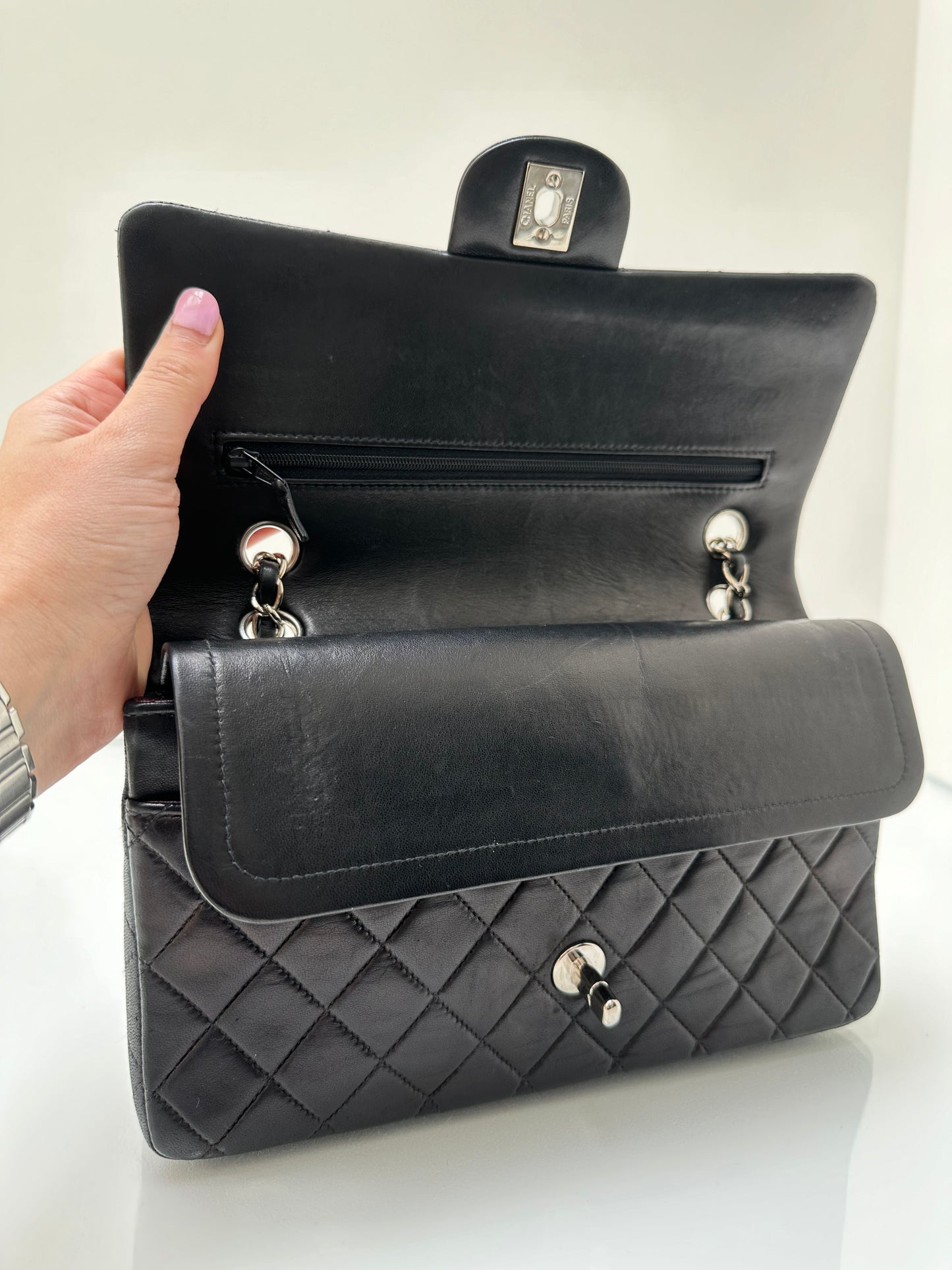 Chanel Medium Black Lambskin Double Flap SHW