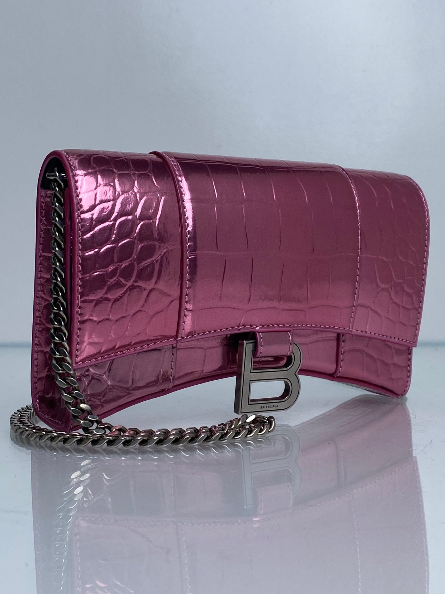 Balenciaga Hourglass Pink Croc Embossed Crossbody