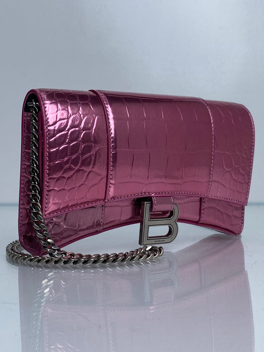 Balenciaga Hourglass Pink Croc Embossed Crossbody