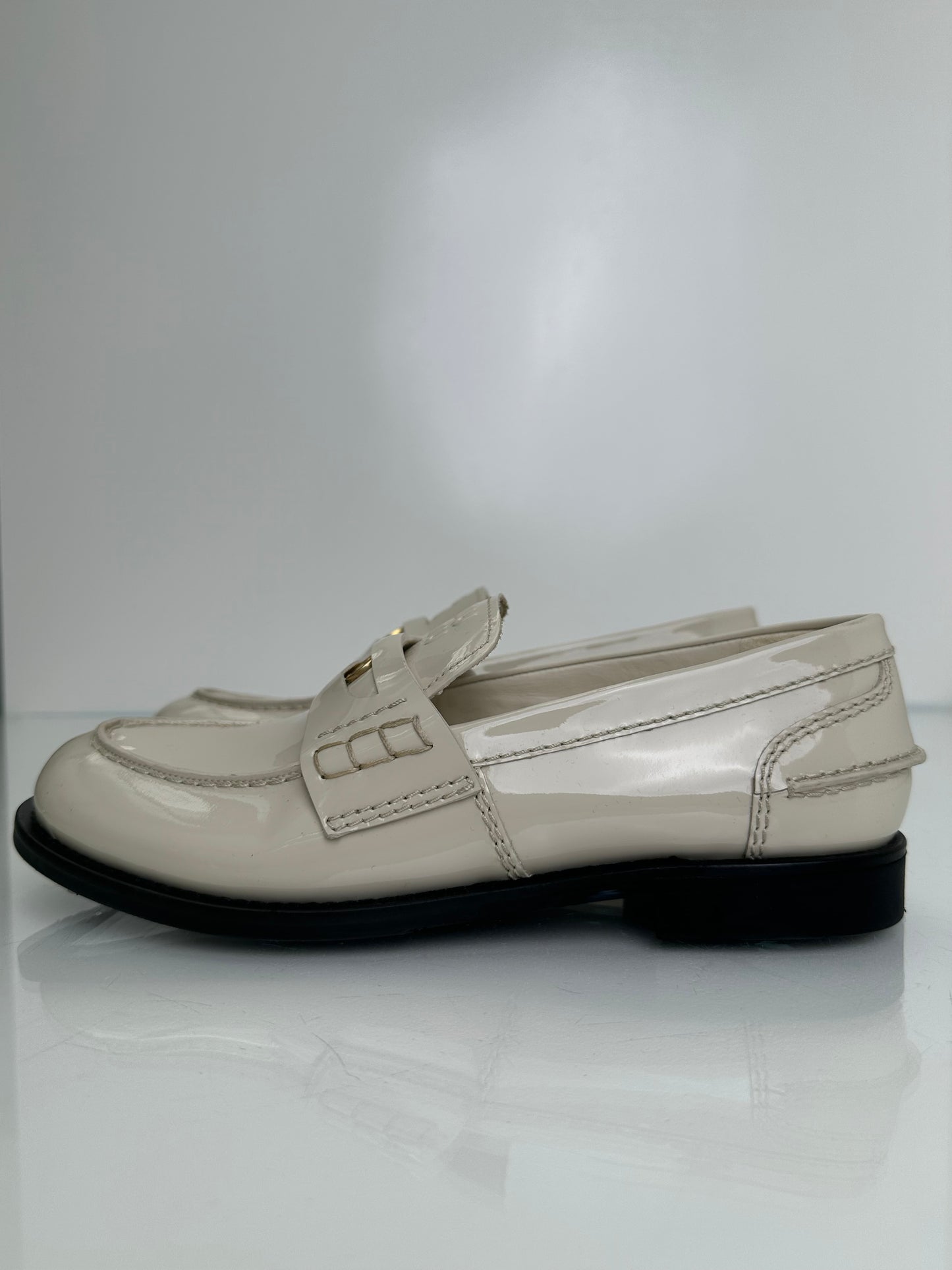 Miu Miu Cream Patent Leather Penny Coin Loafers, 38