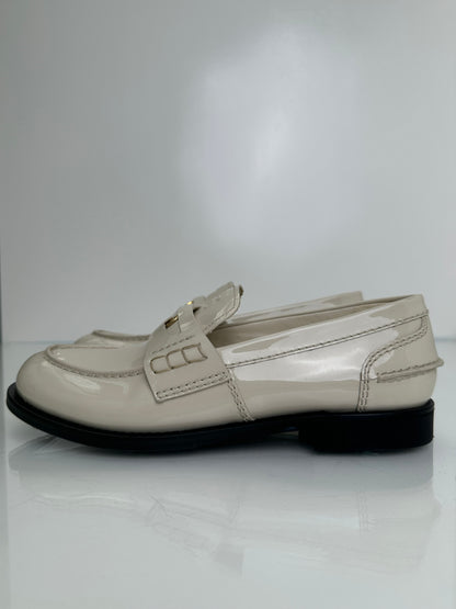 Miu Miu Cream Patent Leather Penny Coin Loafers, 38