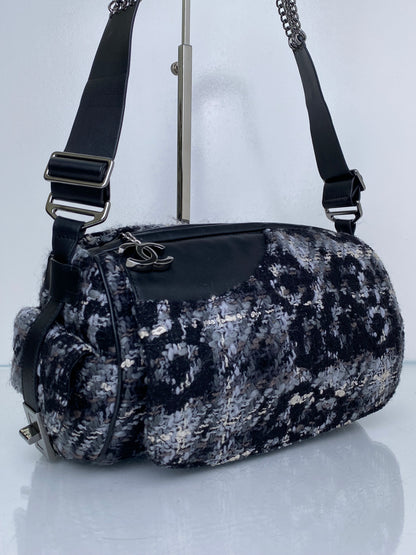 Chanel Black 2.55 Tweed Chain Bowler Bag SHW