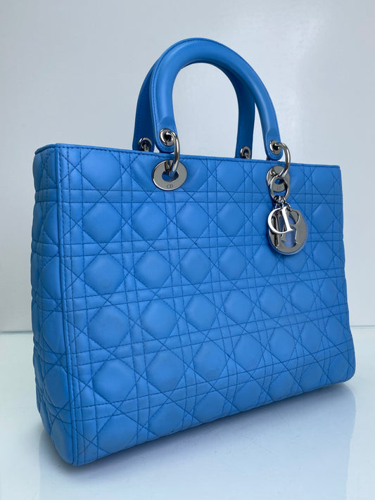 Christian Dior Blue Lady Dior Large Leather Tote SHW