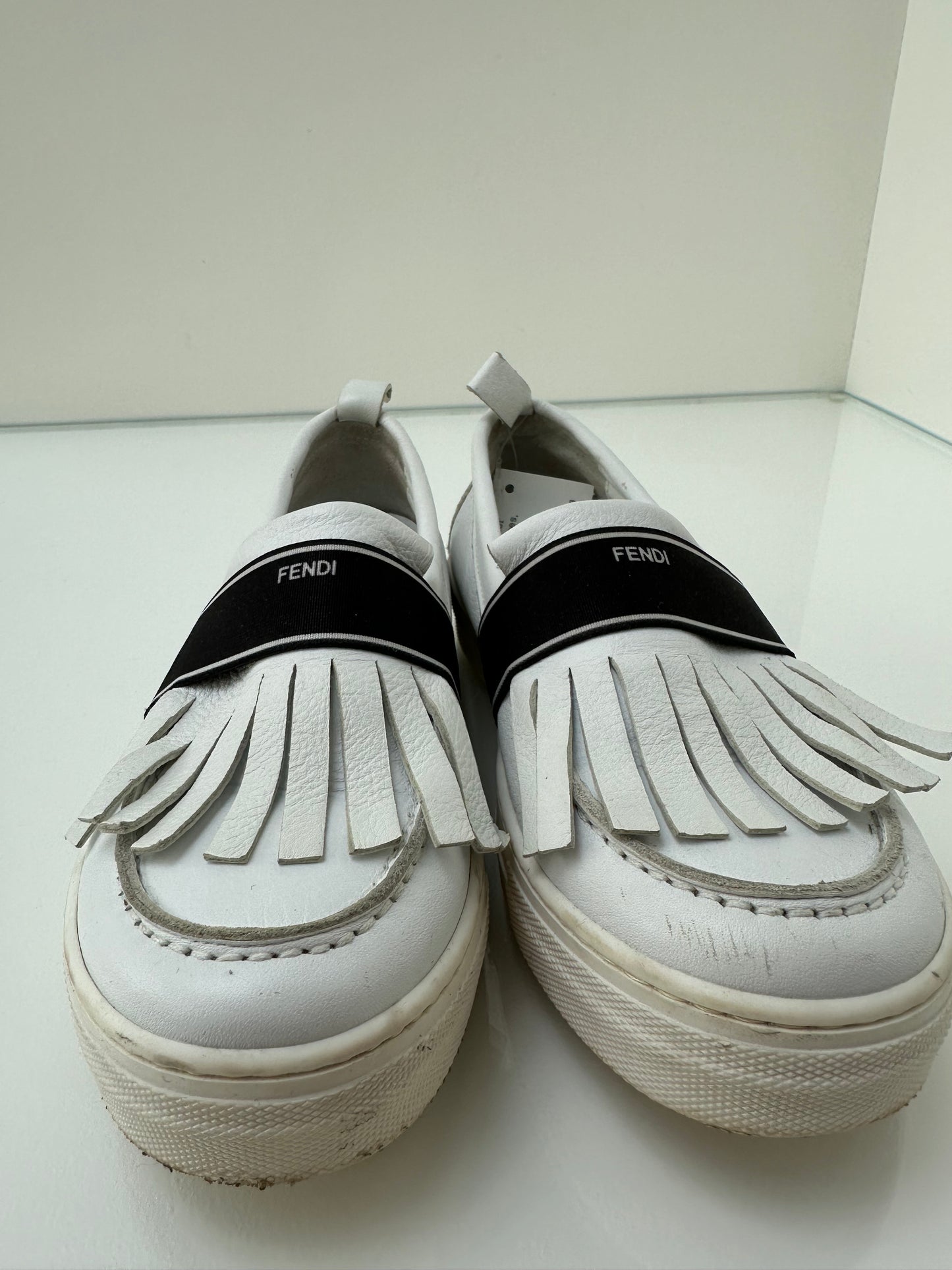 Fendi White Leather Fringe Slip On Shoes, 34