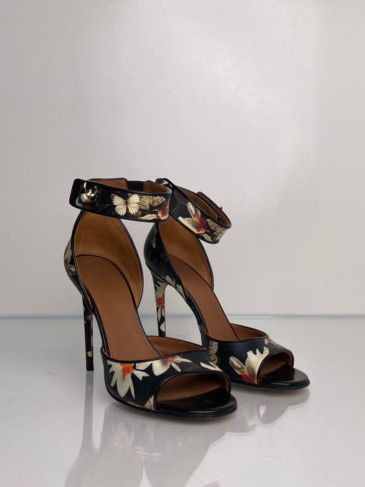 Givenchy Black Floral Leather Sandals, Size 38.5