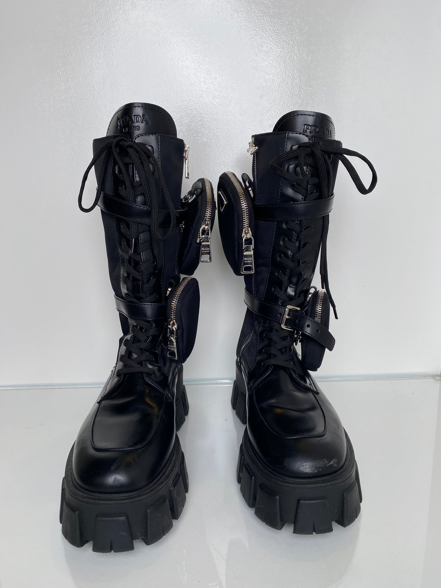 Prada Monolith Nylon Black Tall Boots, 41