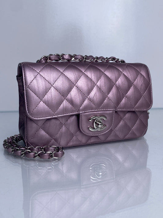 Chanel Pink / Purple Metallic Quilted Calfskin  Rectangle Mini Falo Bag SHW #25
