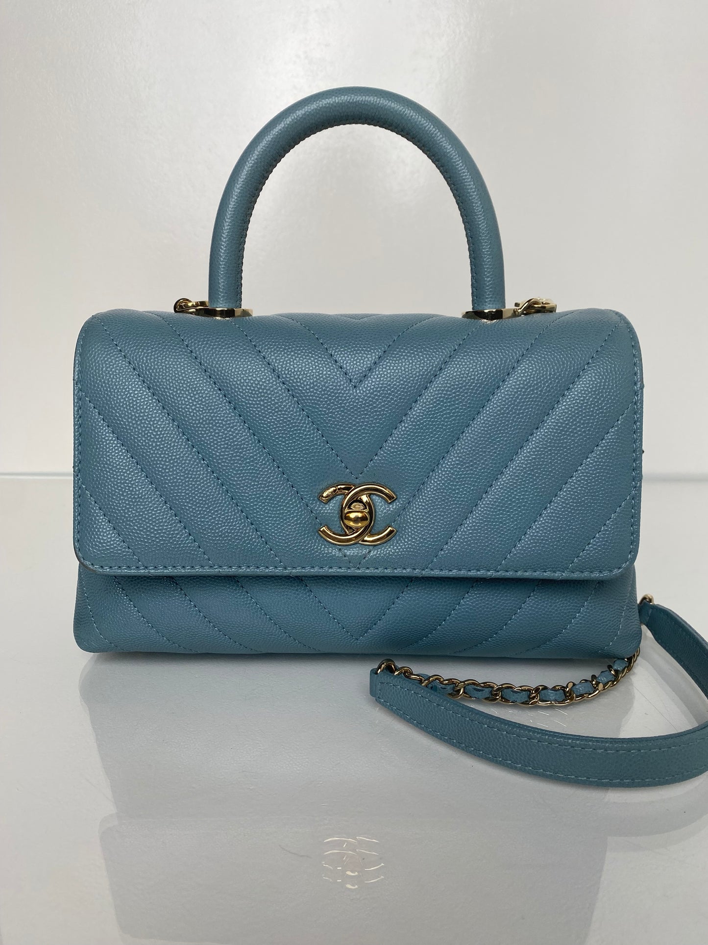 Chanel Blue Caviar Chevron Coco Tophandle Bag GHW