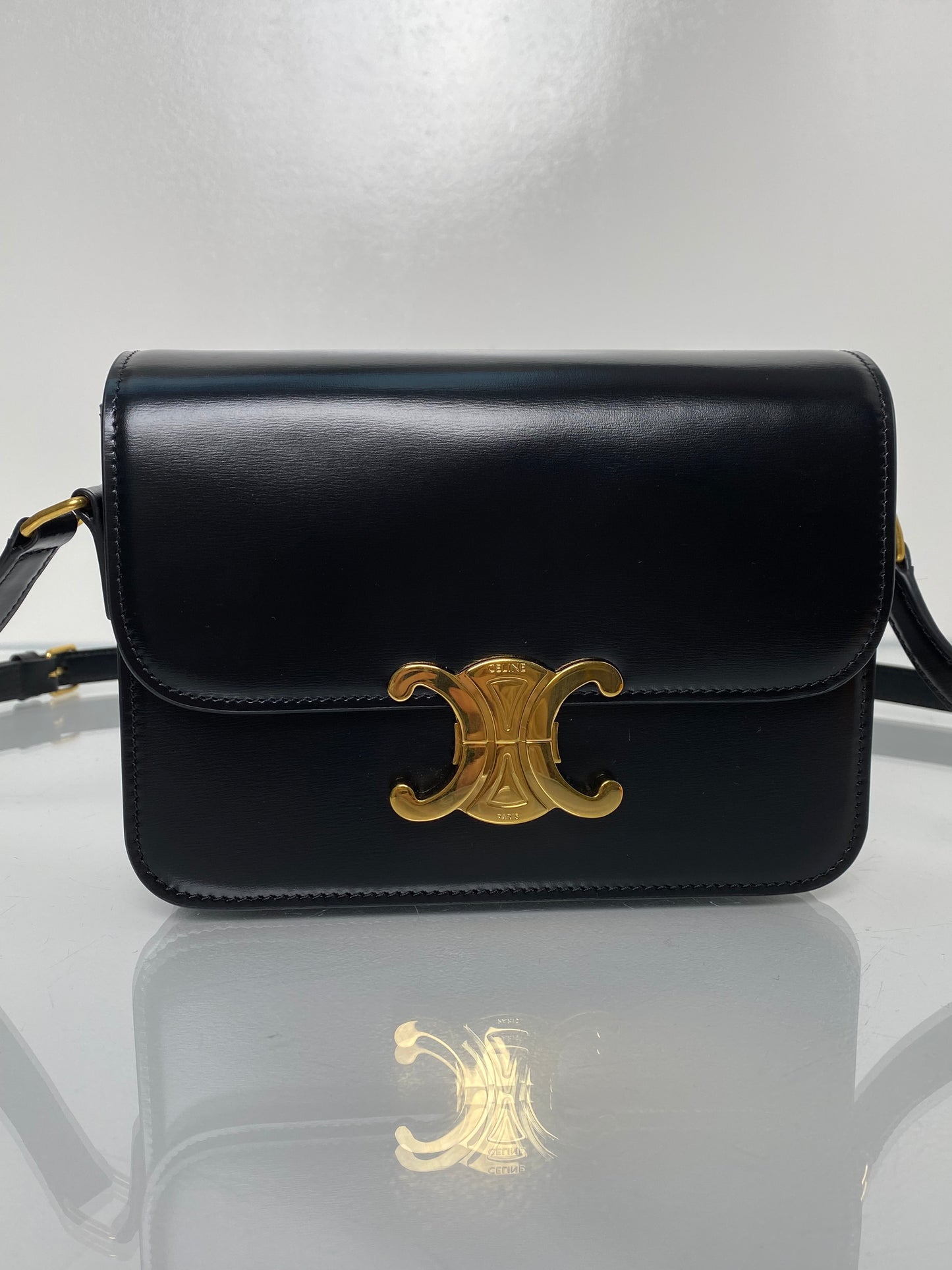 Celine Black Shiny Calfskin Teen Triomphe Bag GHW