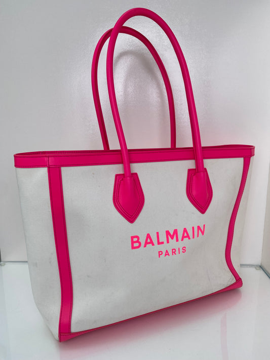 Balmain Neon Pink & White Canvas Army 42 Tote Bag (As Is)