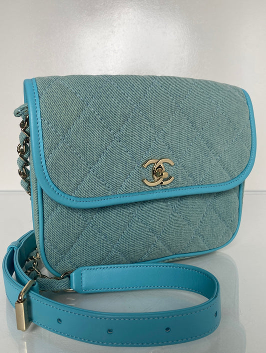 Chanel Mini CC Quilted Denim Messenger Flap Bag GHW