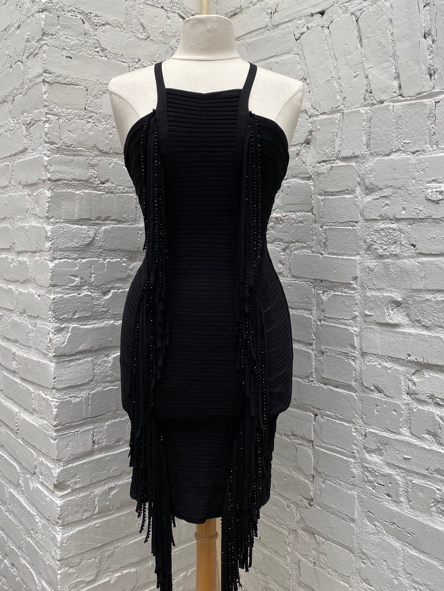 Herve Leger Black Sequin Fringe Bondage Dress, S