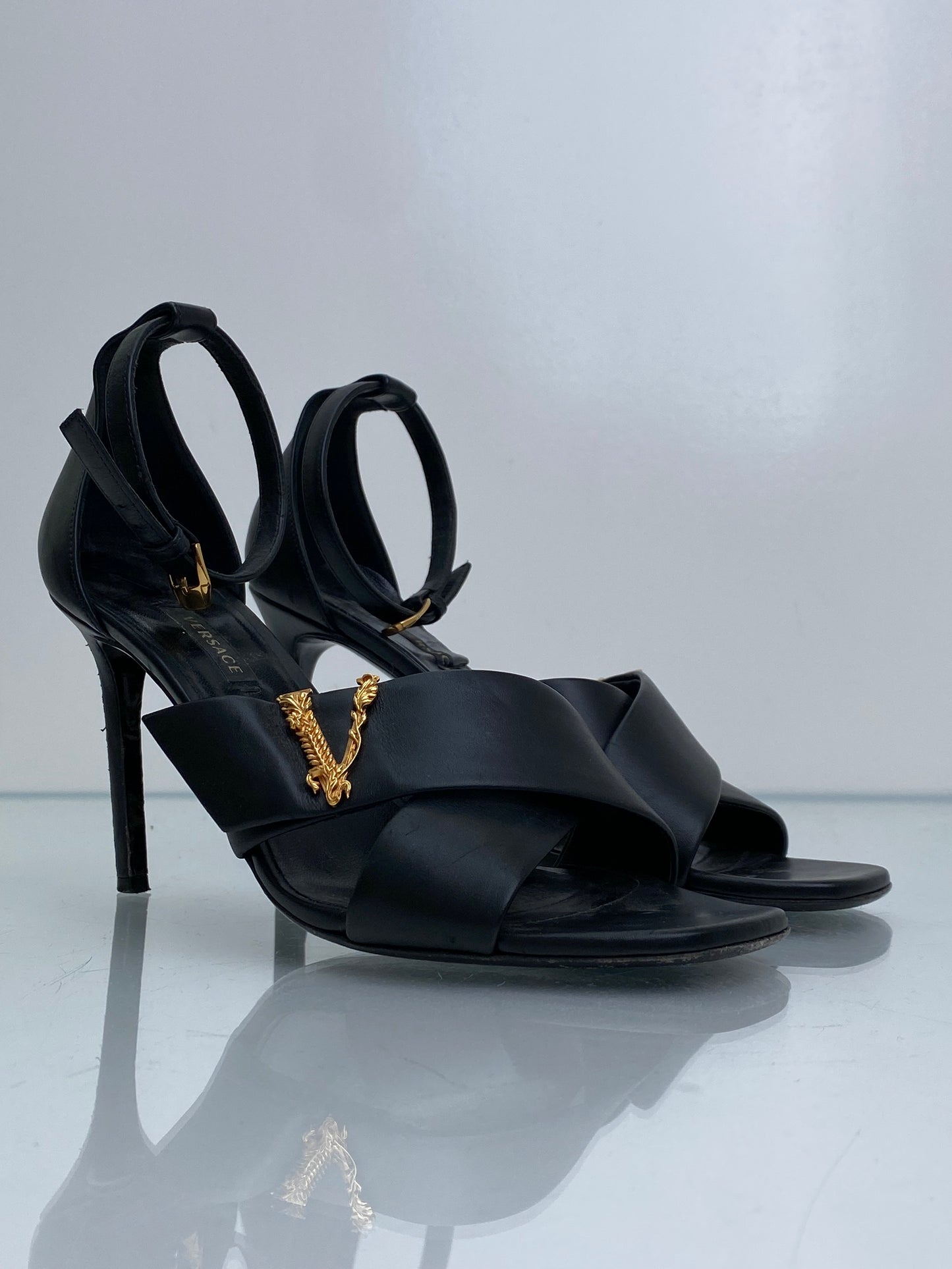 Versace Black & Gold Virtus V Leather Heels, 38.5