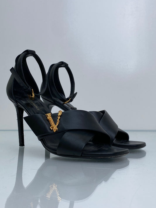 Versace Black & Gold Virtus V Leather Heels, 38.5