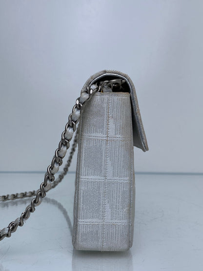Chanel Silver Metallic Travel Line Chocolate Bar East West Flap Bag / Clutch SHW #63