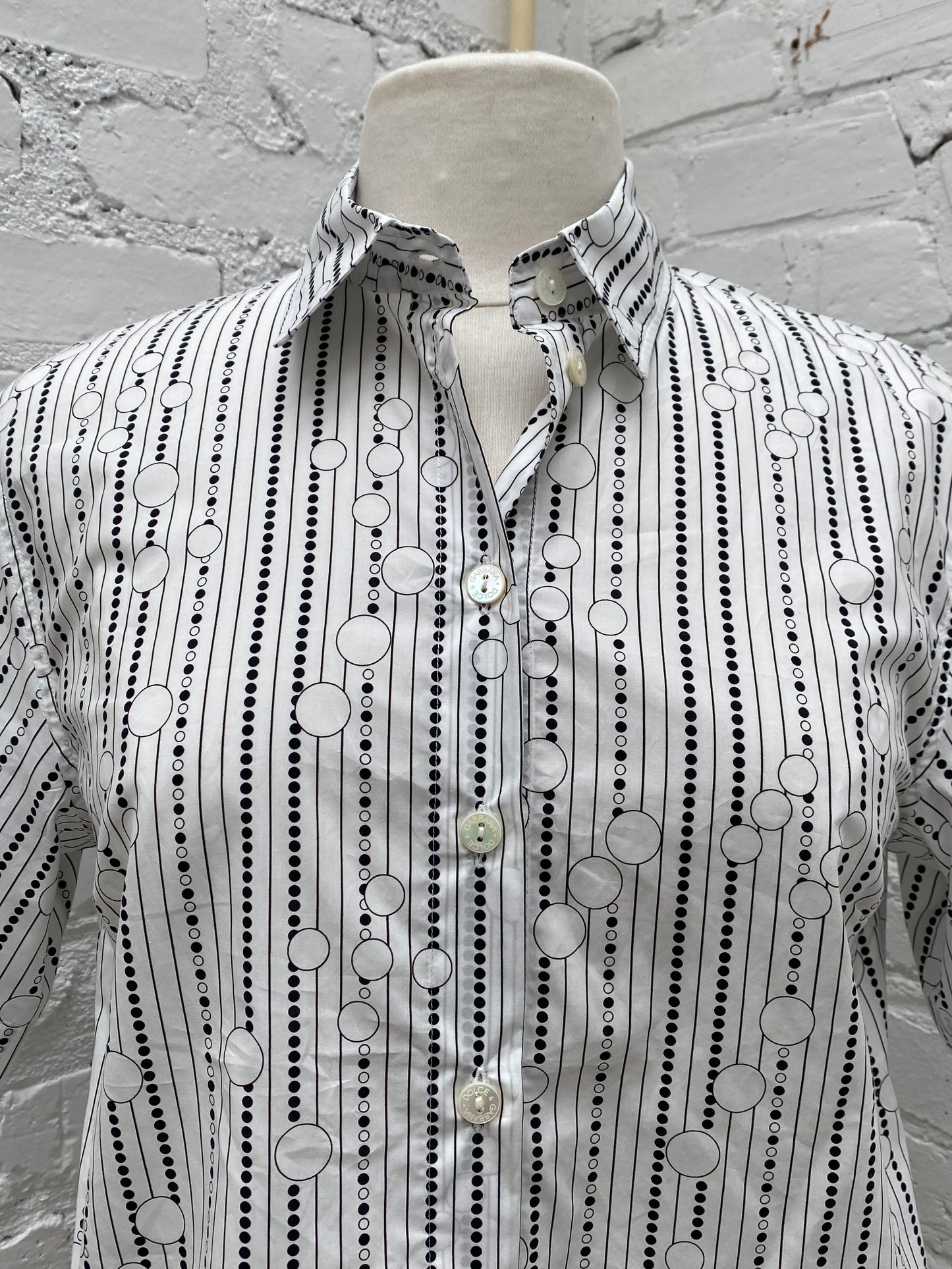 Dolce & Gabbana White & Black Stripe & Dot Button Up Top, 42