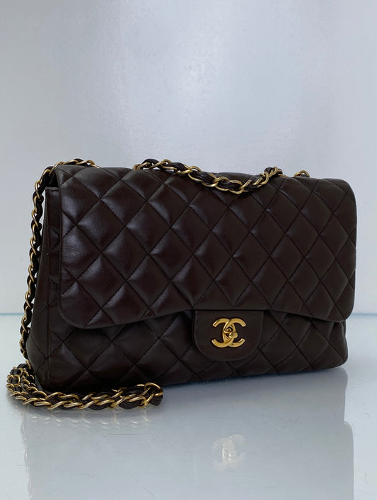 Chanel Vintage Brown Jumbo Single Classic Flap Bag GHW