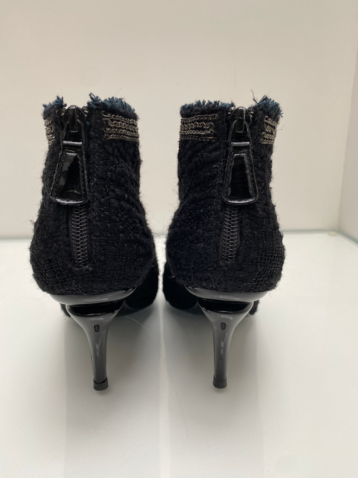 Chanel Tweed/Chain Black Booties, Sz 38