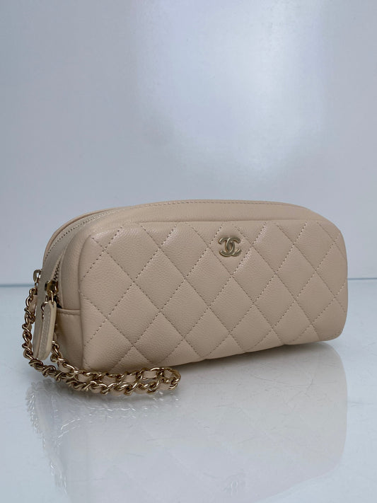 Chanel Beige CC Calfskin Quilted Cosmetic Pouch LGHW