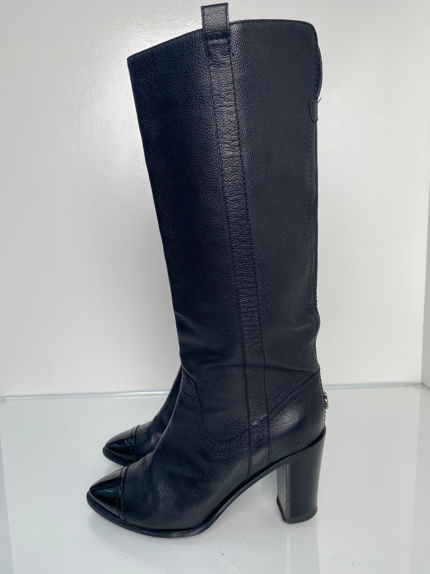 Chanel Tall Black Leather Heeled Boots, 39