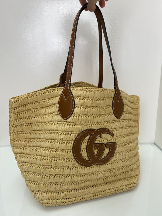 Gucci Brown Leather & Raffia Woven Medium Tote Bag