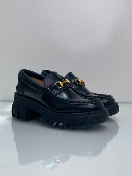 Gucci Black Platform Heeled Horsebit Loafers, 38