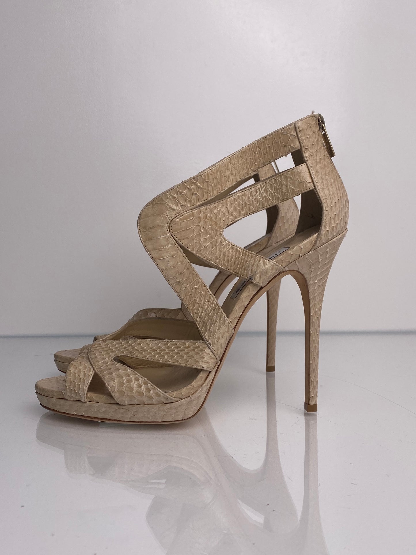 Jimmy Choo Tan Snakeskin Zip Heels, 42