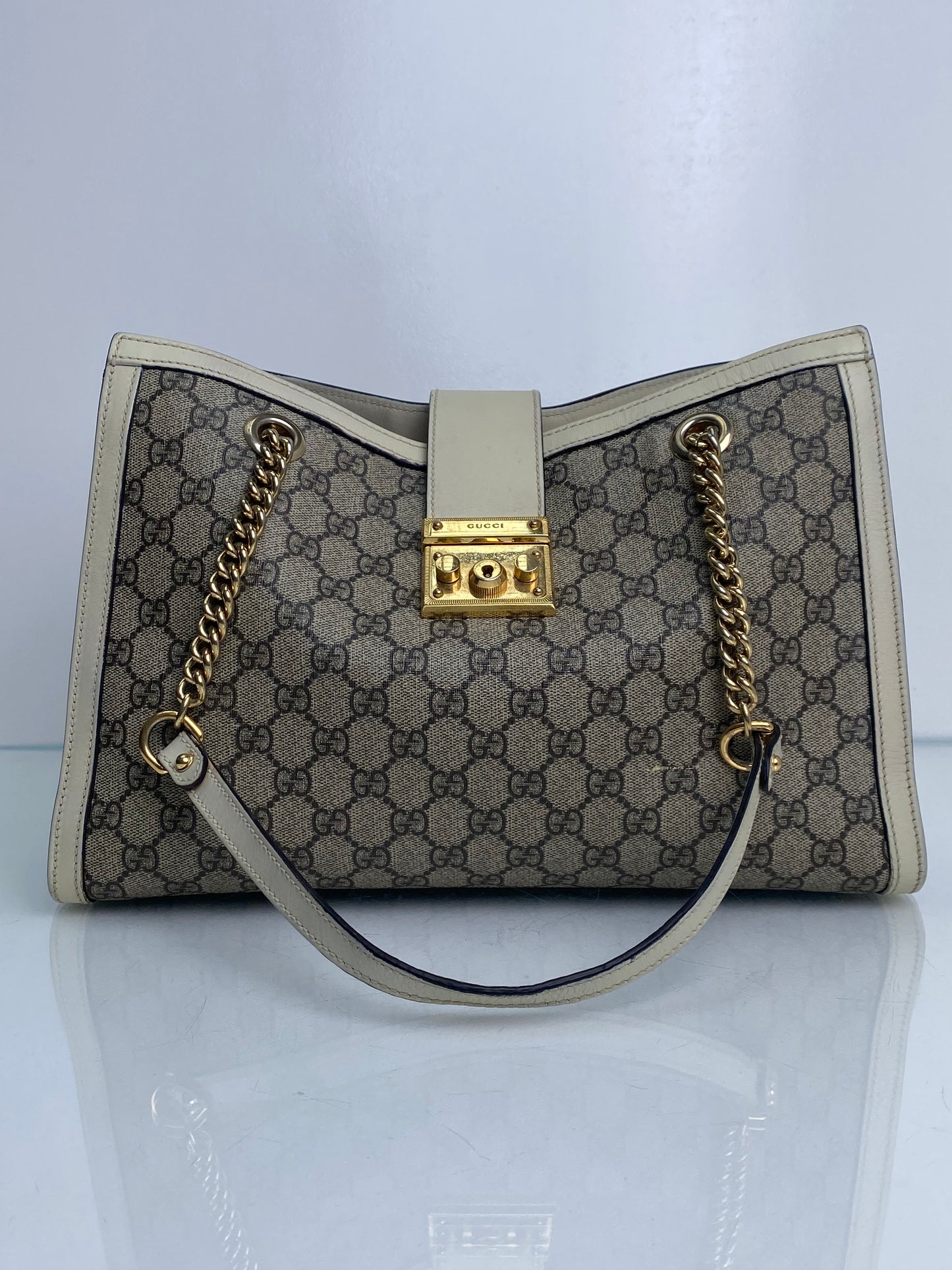 Gucci White GG Suprmeme Medium Padlock Tote Bag GHW (As Is)