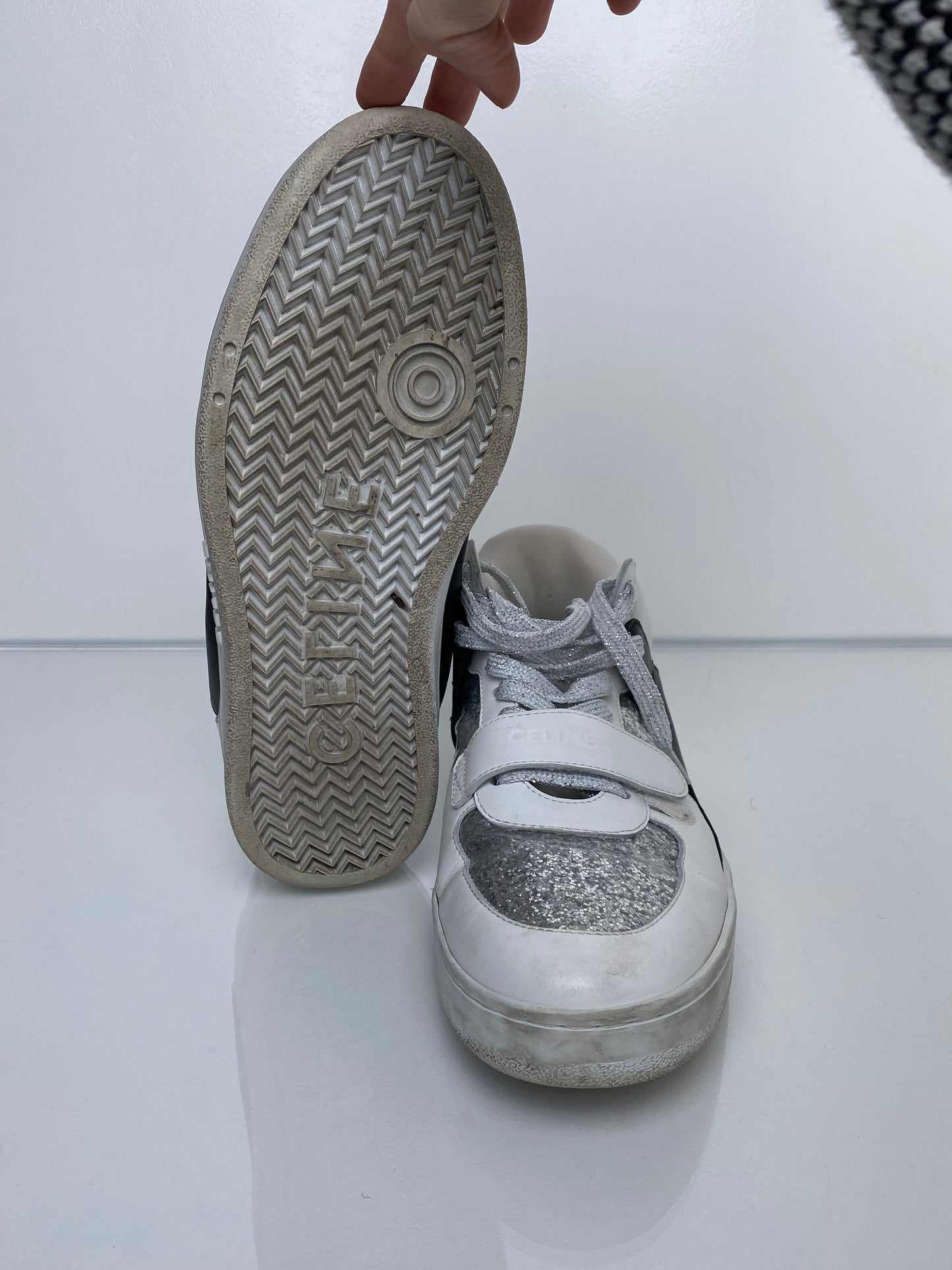 Celine White, Silver, & Black High Top Sneakers, 39