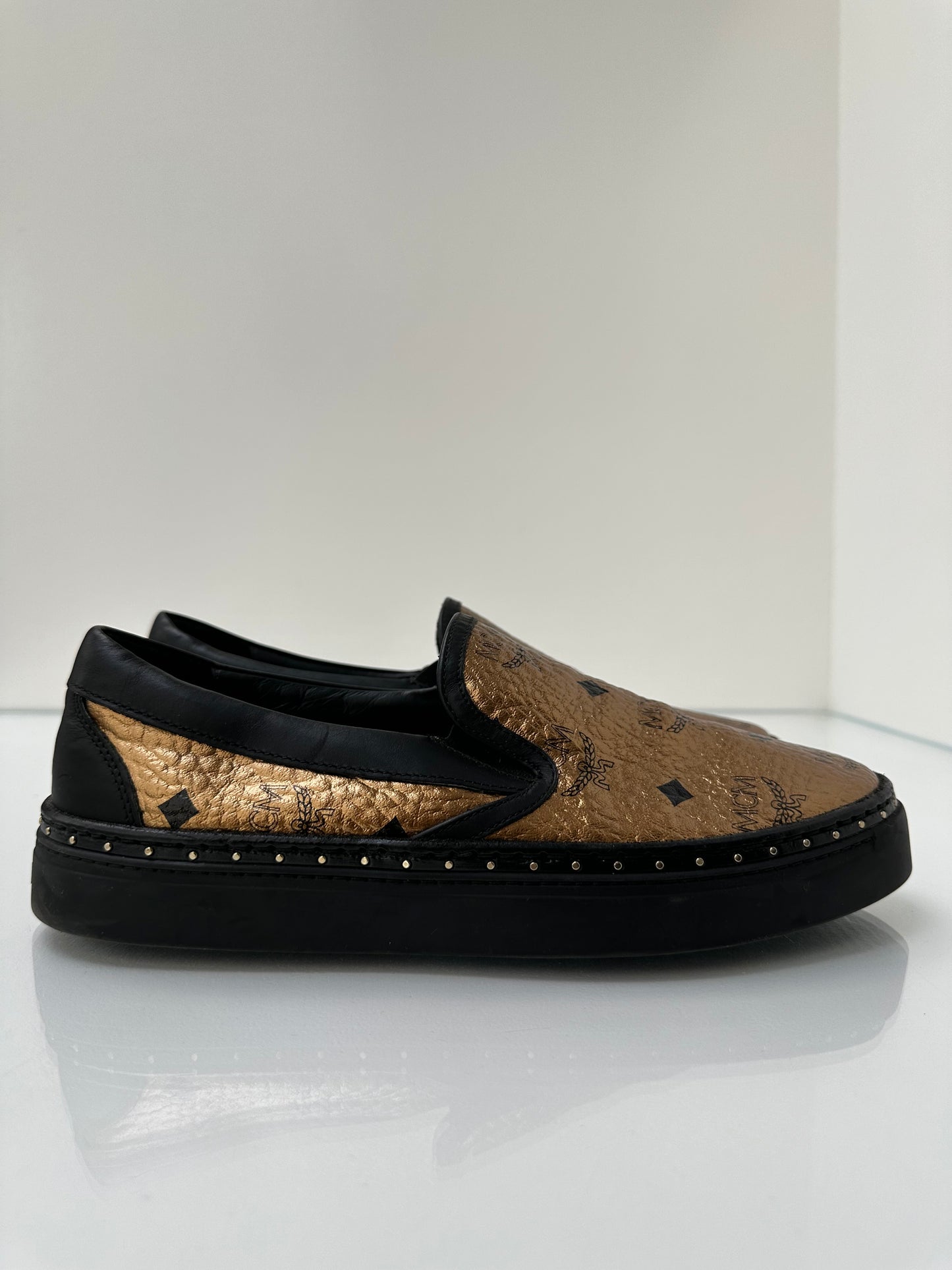 MCM Gold and Black Slip on Sneaker 40