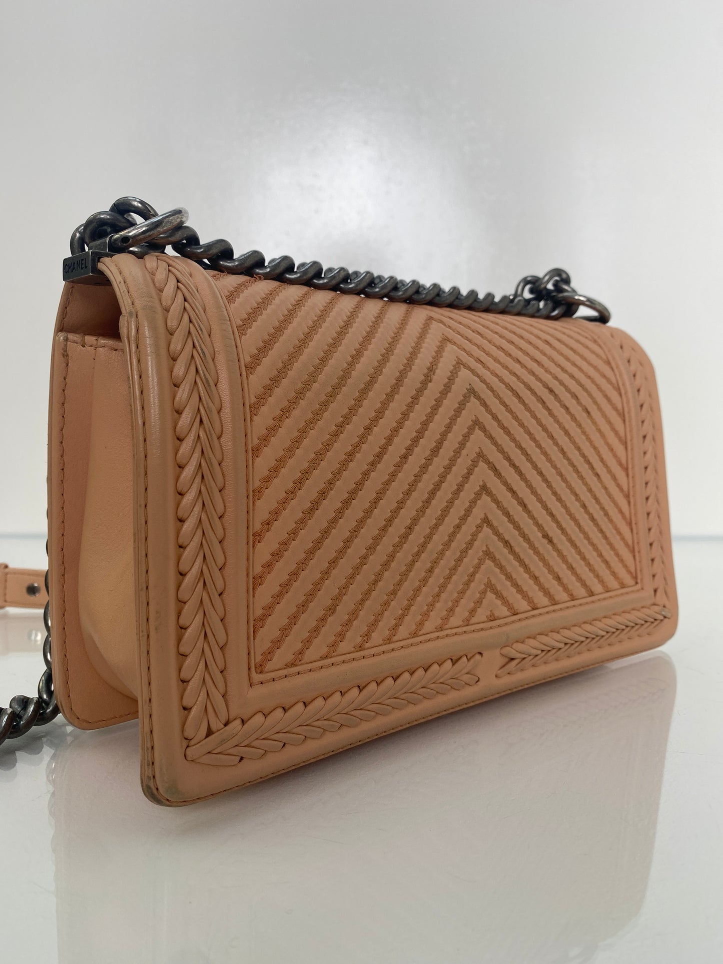 Chanel Medium Boy Bag Beige Stitched Chevron RHW #23