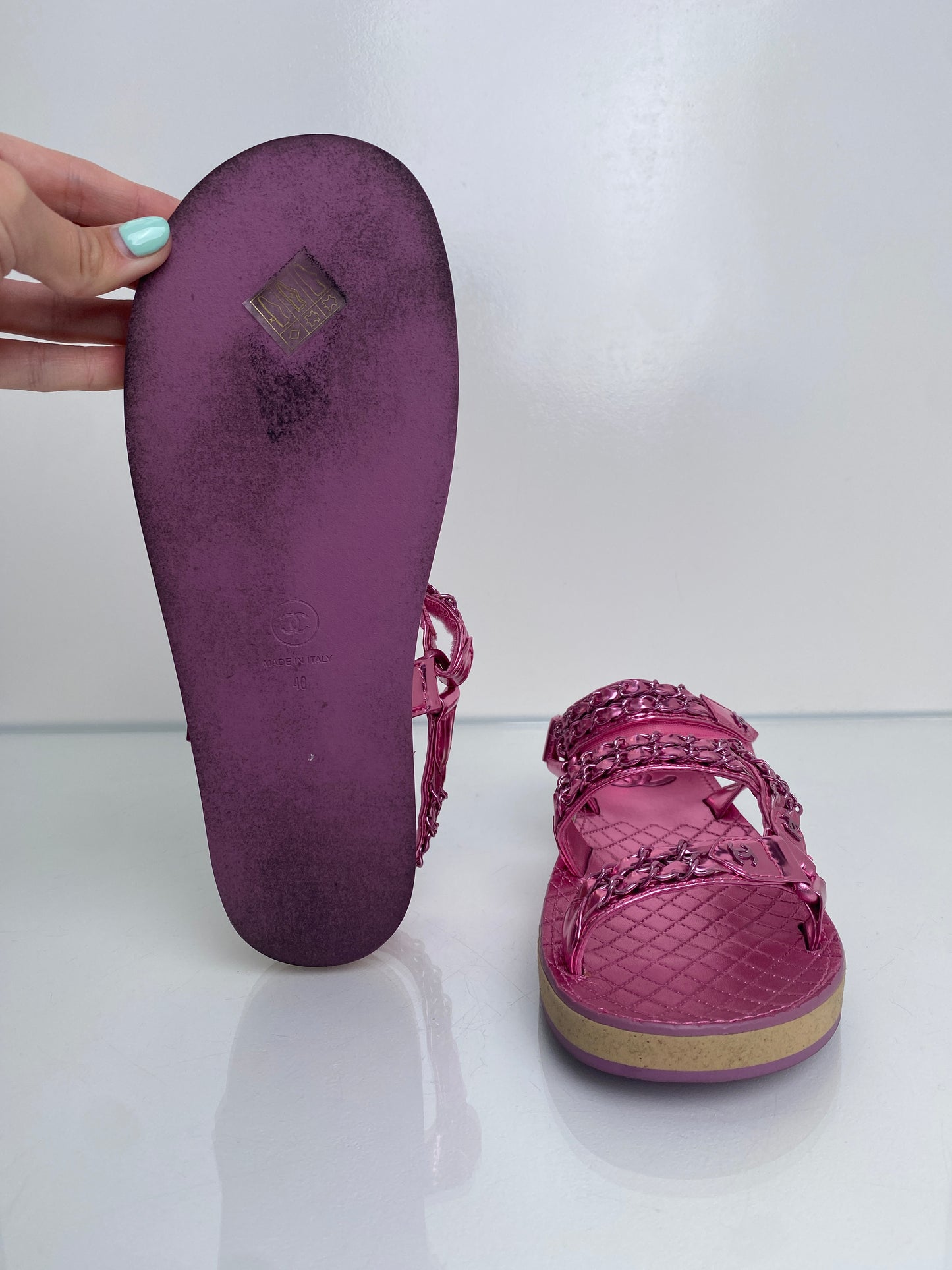 Chanel Pink Metallic Interlocking CC Chain Dad Flat Sandals, 40