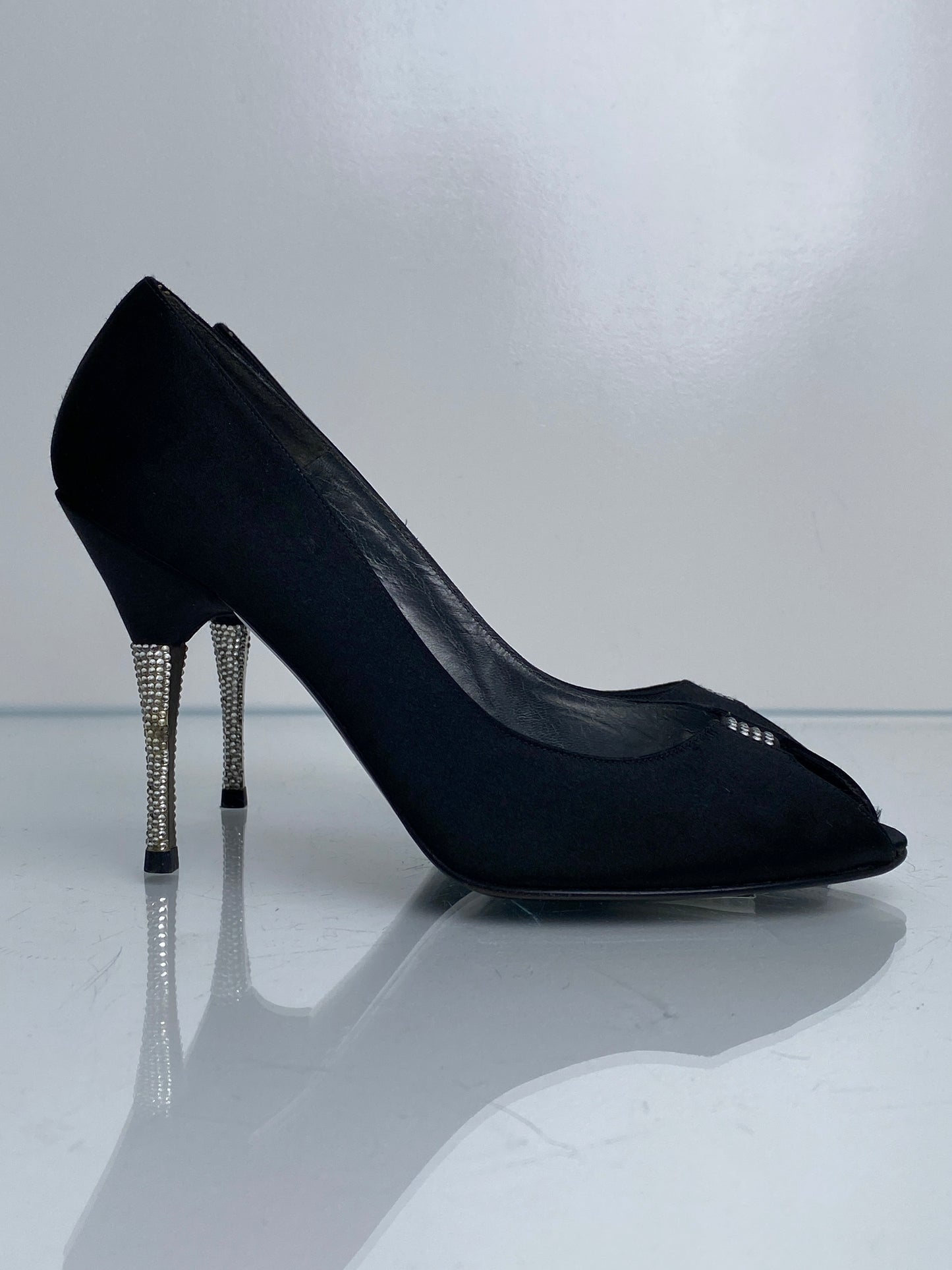 Stuart Weitzman Vintage Black Satin & Rhinestone Heels, 8.5