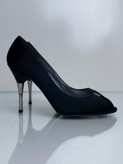 Stuart Weitzman Vintage Black Satin & Rhinestone Heels, 8.5