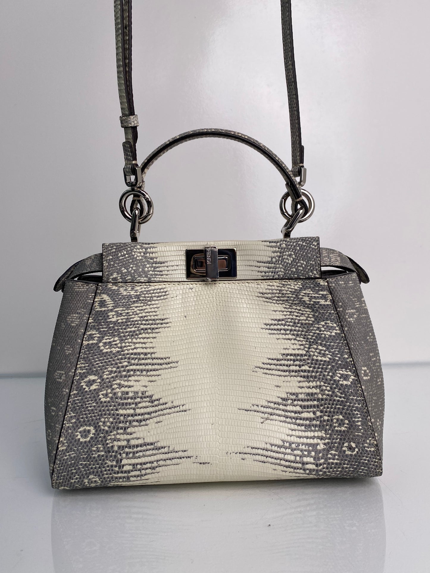 Fendi Peekaboo Mini White & Grey Lizard Leather Bag SHW