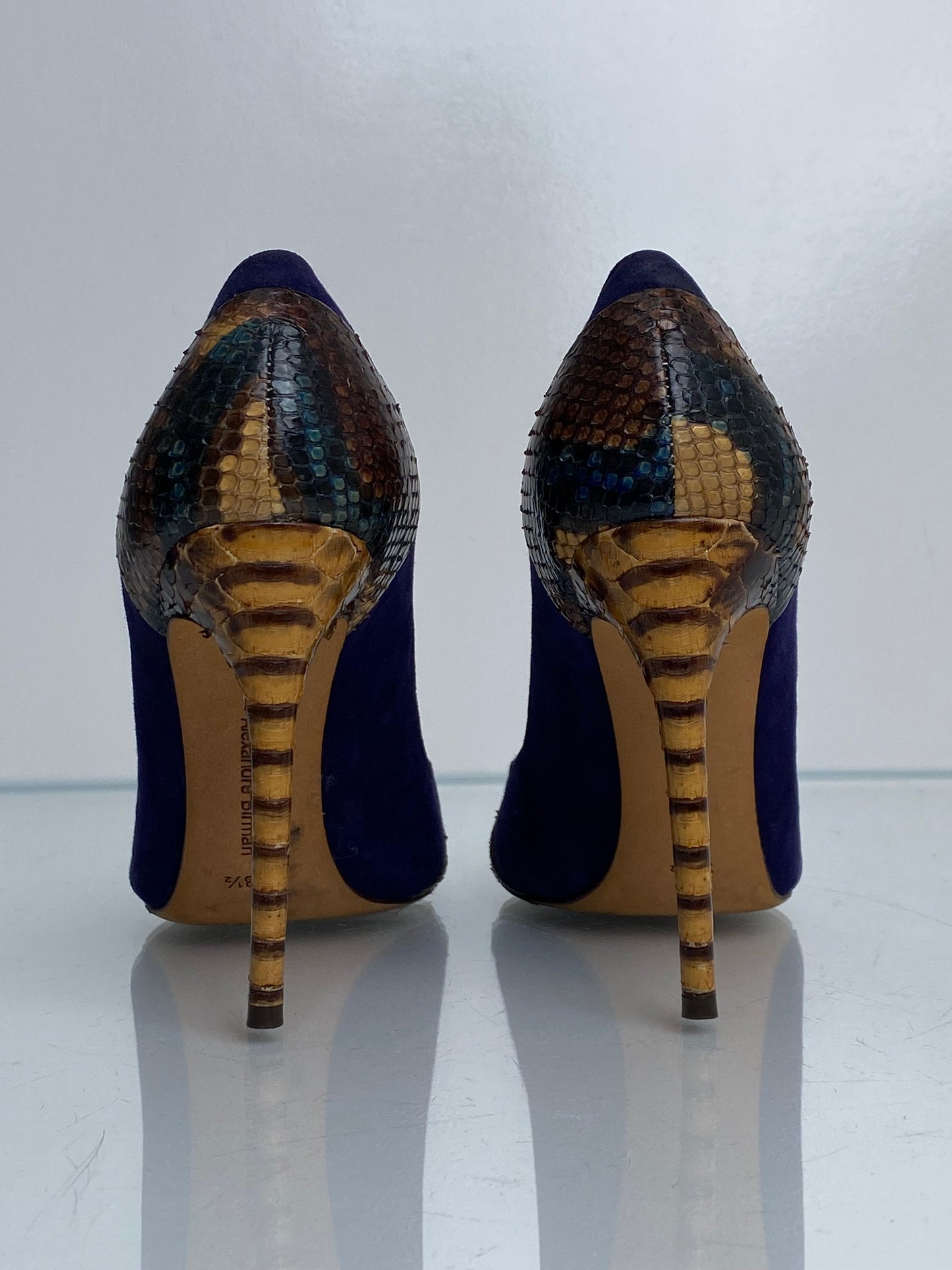 Alexandre Birman Navy  Suede & Brown Exotic Heels, 38.5