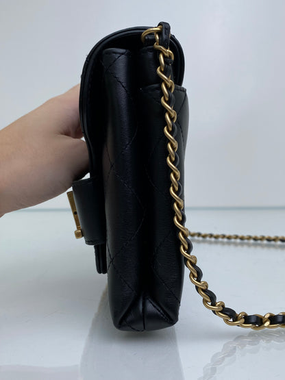 Chanel Black Logo Enchained Flap Quilted Calfskin Clutch GHW