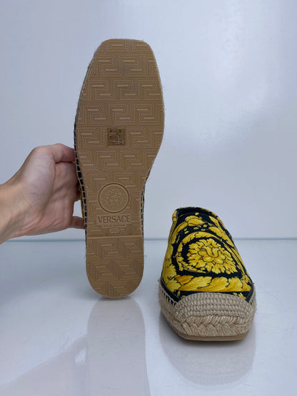 Versace Gold & Black Patterned Canvas Espadrille Flats, 39