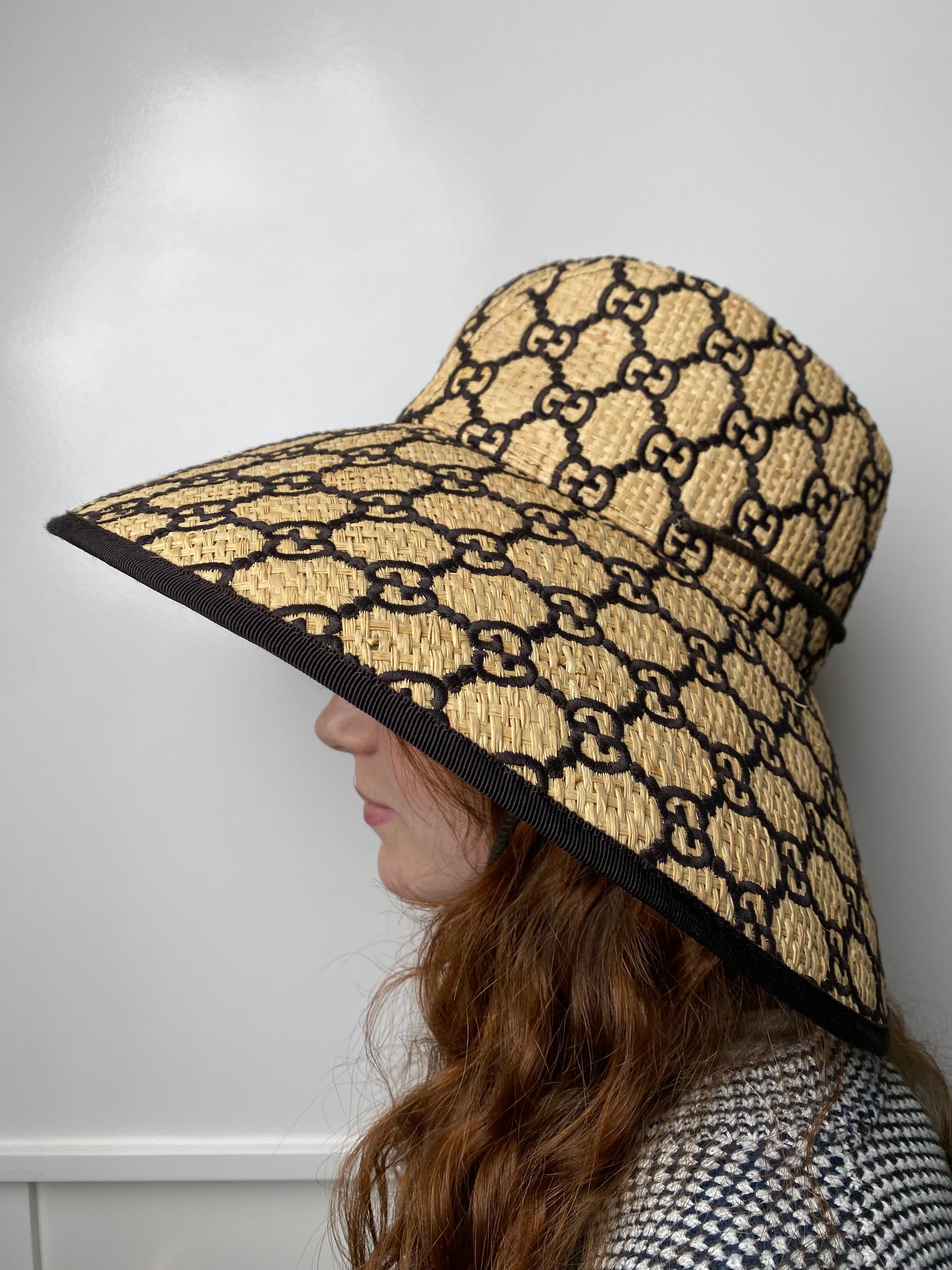 Gucci Brown & Tan Raffia GG Wide Brim Hat