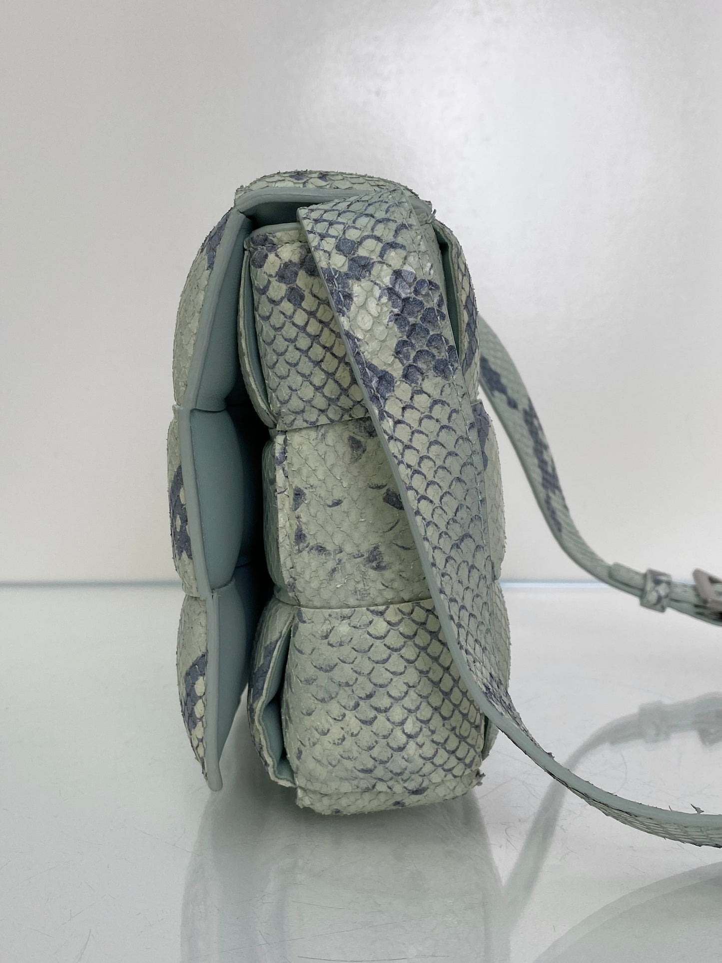 Bottega Veneta Padded Casette Gray & Mint Python Embossed Crossbody Bag SHW