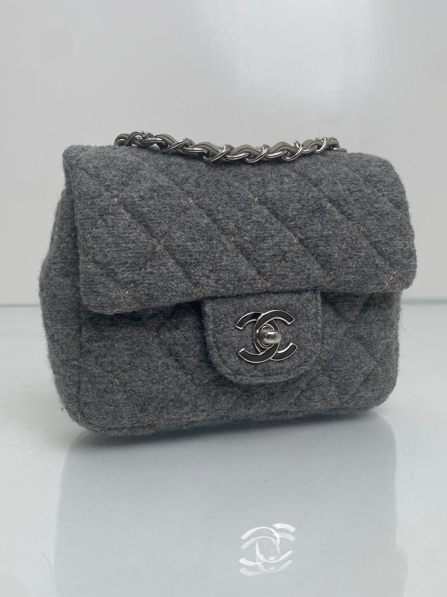 Chanel Vintage Grey Wool Classic Flap Square Bag SHW #10