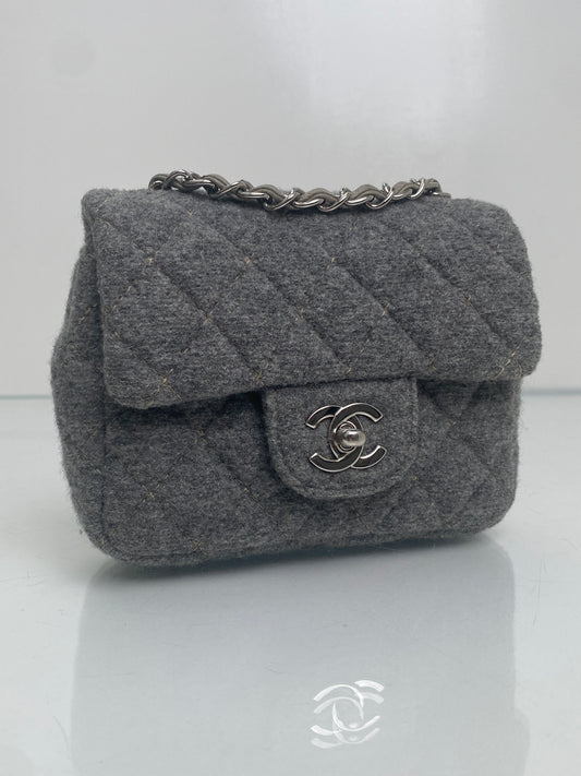 Chanel Vintage Grey Wool Classic Flap Square Bag SHW #10