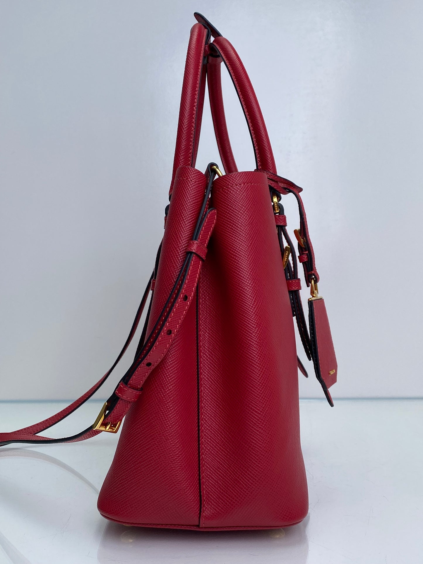 Prada Red Saffiano Cuir Double Tote Bag GHW