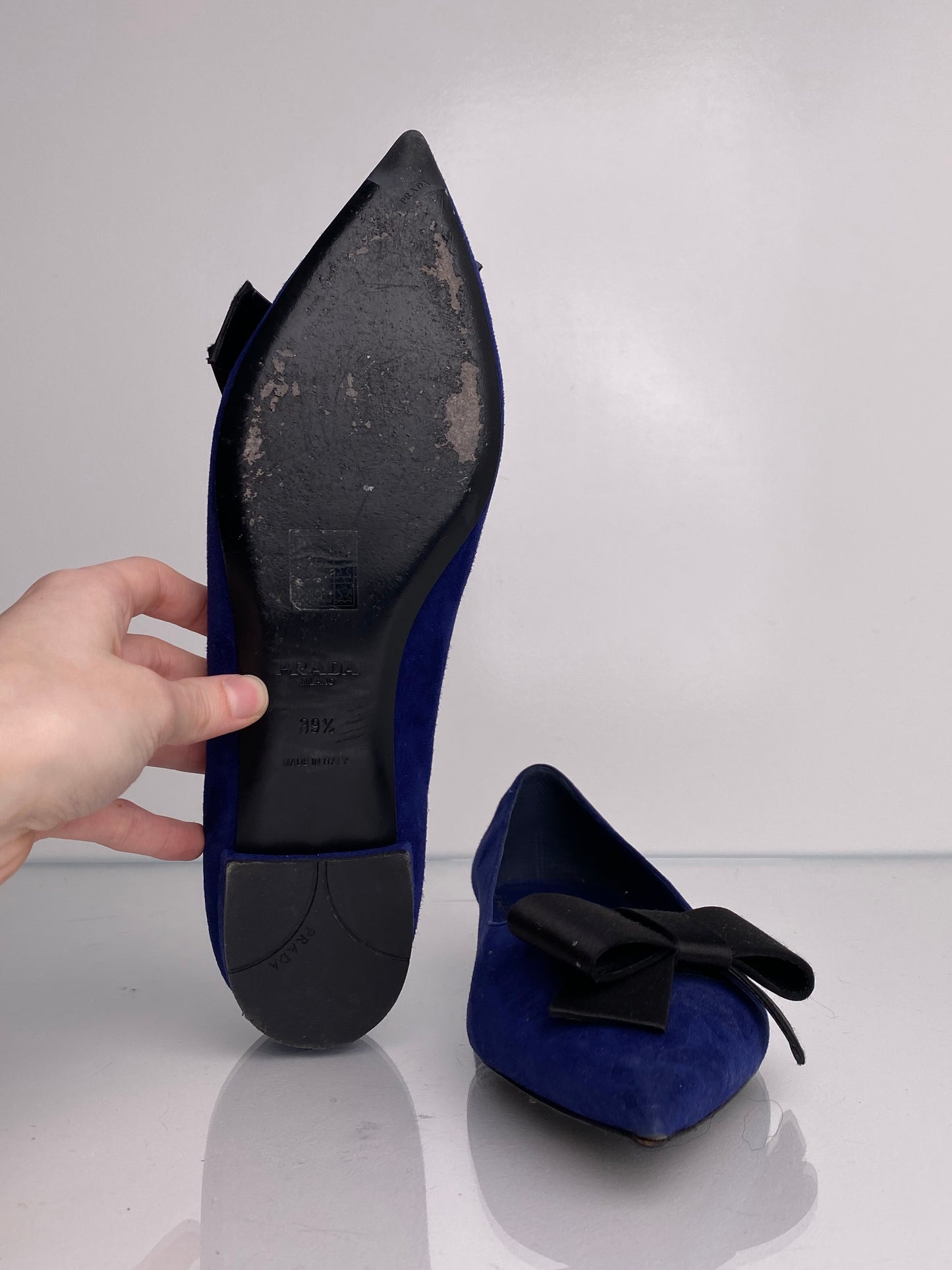 Prada Pointed Toe Blue Suede Bow Flats, 39.5