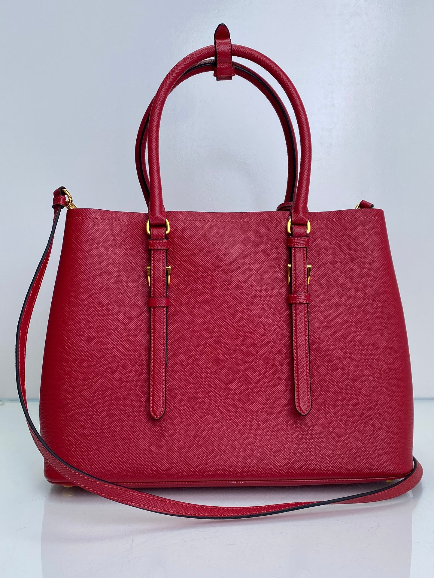 Prada Red Saffiano Cuir Double Tote Bag GHW